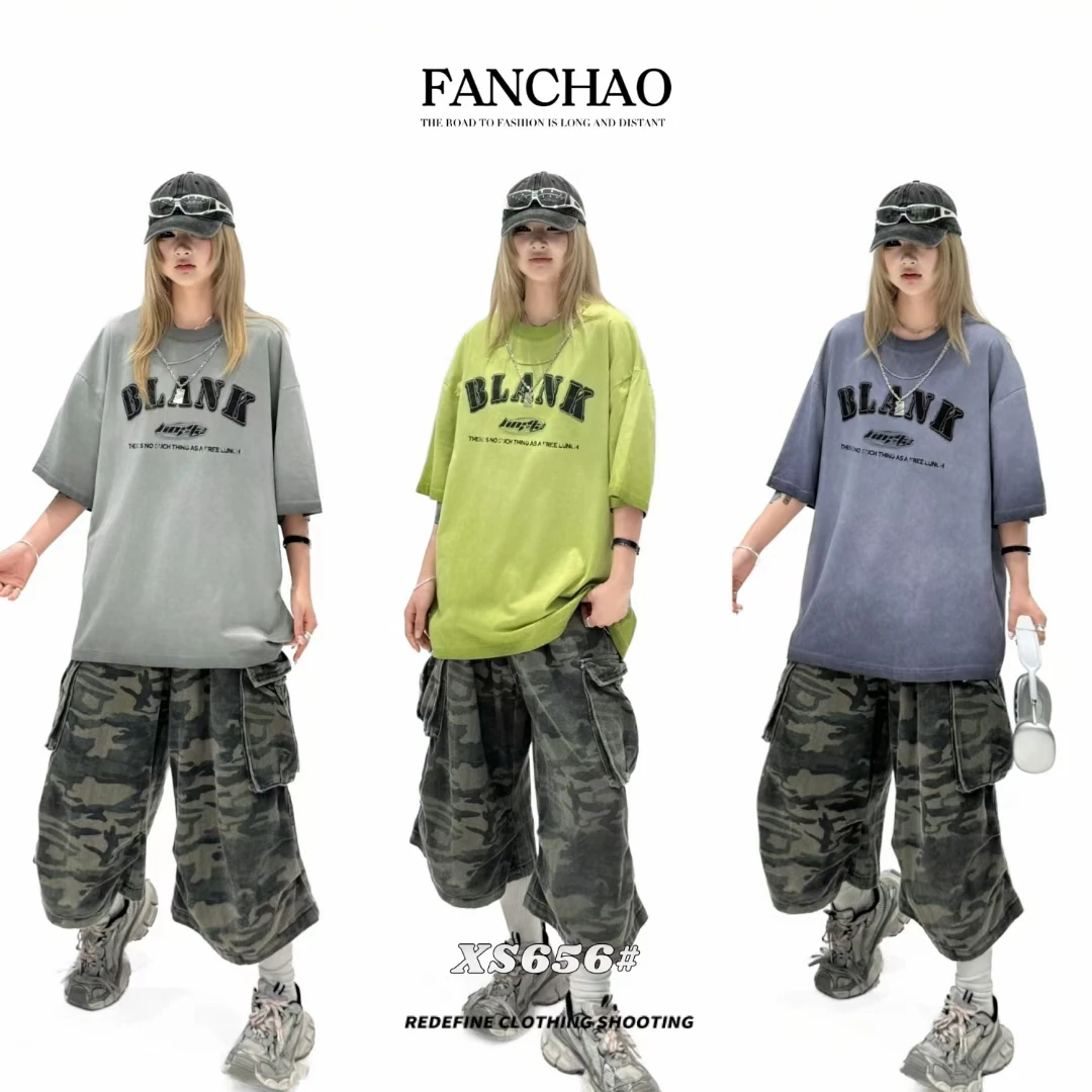 休闲夏季短袖春夏嘻哈情侣国潮男士宽松印花T恤纯棉潮流百搭美式