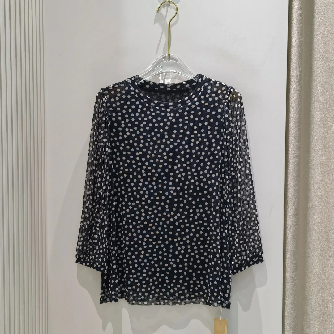 桑蚕丝圆领T恤女真丝波点网纱网眼九分袖宽松显瘦娃娃衫上衣4028