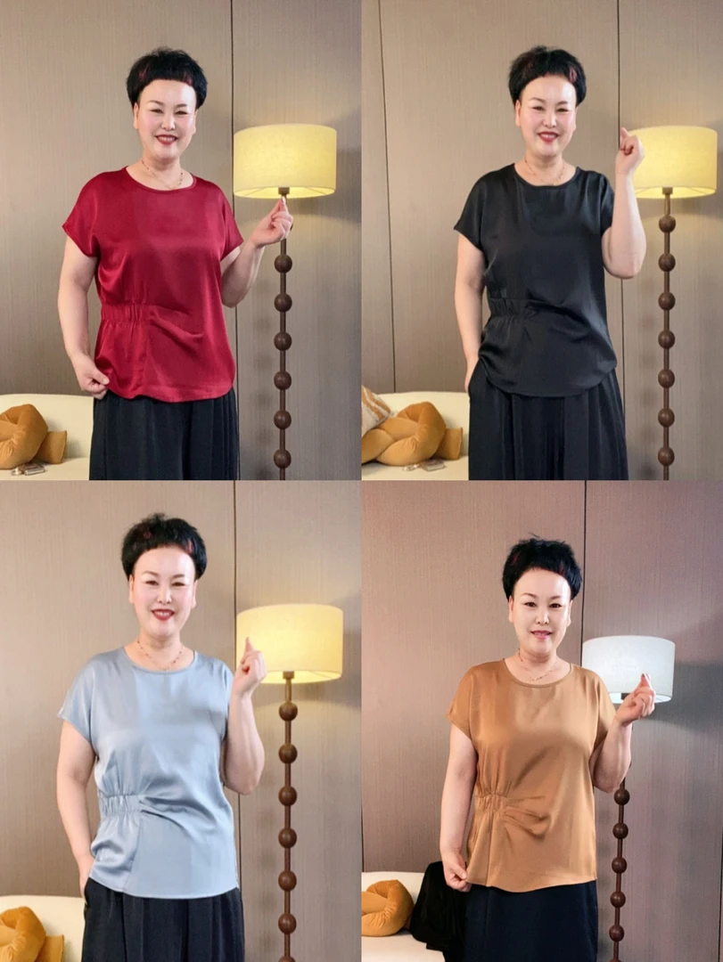 收腰显瘦高档夏季新款醋酸气质纯色衬衫圆不闷汗时尚短袖上衣