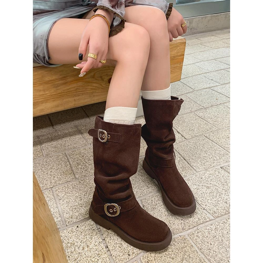 五洋专卖店中筒骑士靴女2025新款西部靴粗跟厚底堆堆靴覆古长筒靴