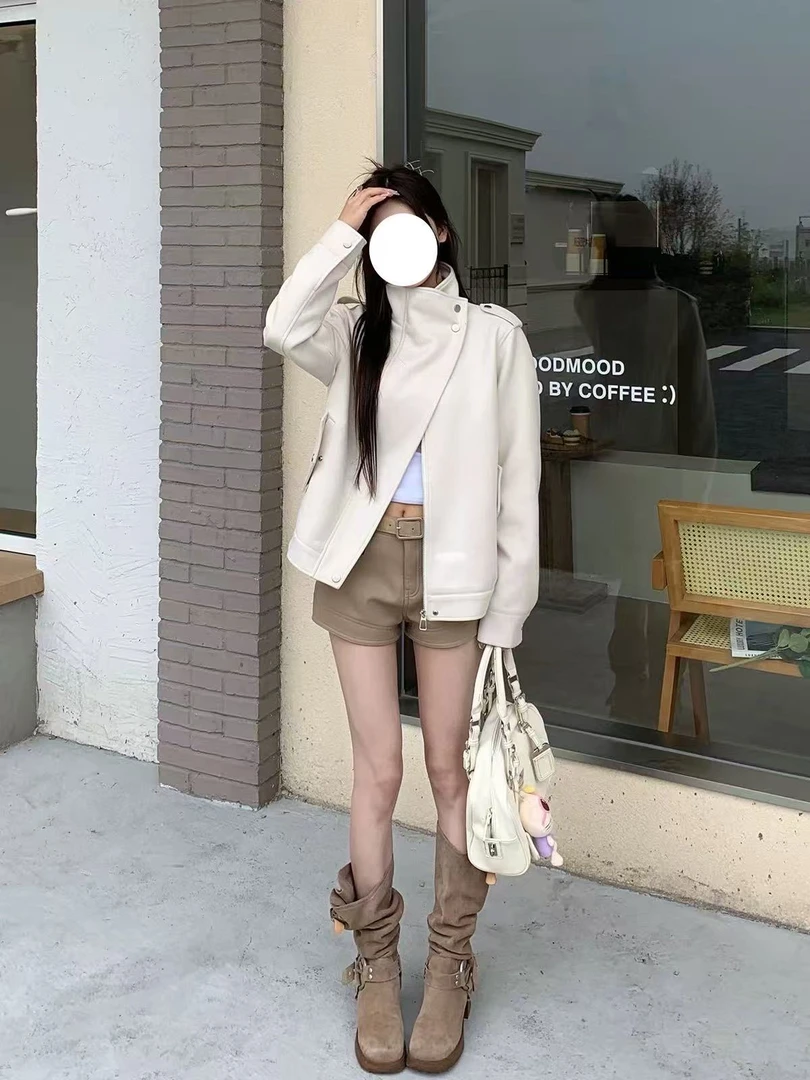 奶白色麂皮外套女高个子高级设计感机车风宽松夹克短外套AM25352