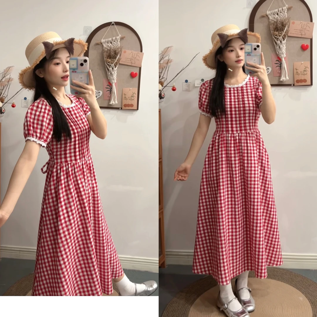 出游必备！复古红格子收腰设计显瘦小个子长款连衣裙801