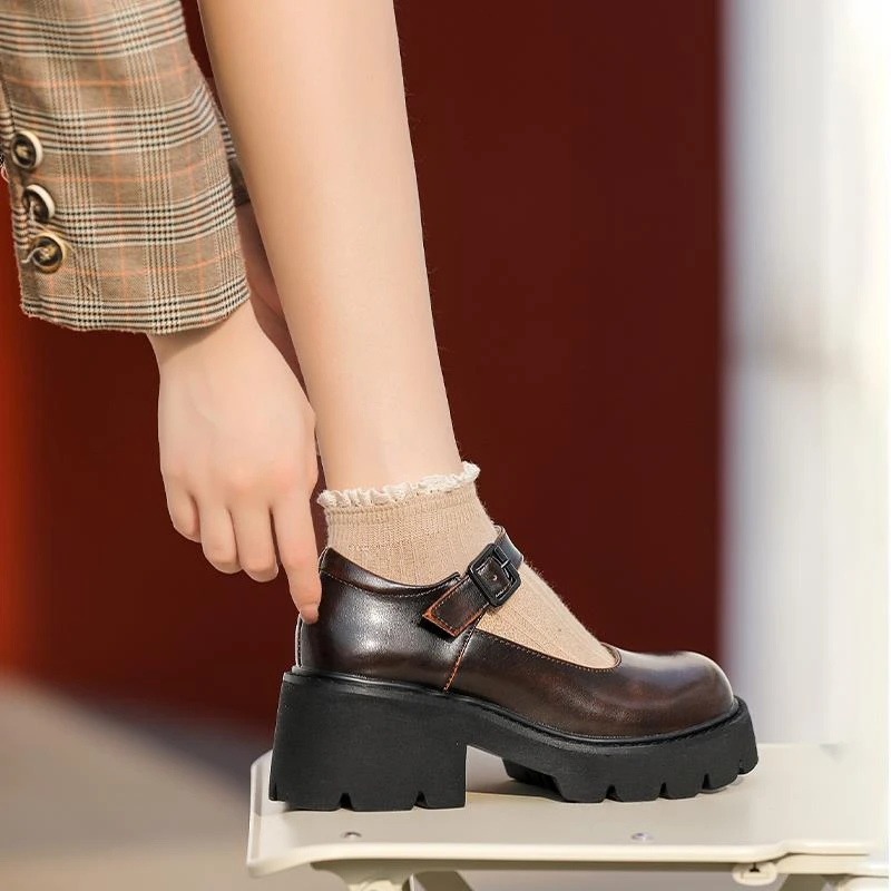 皮鞋女20205夏季新款单鞋粗跟覆古真皮淑女jk制服法式玛丽珍鞋秋