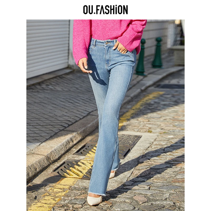 OU.FASHION/欧点复古浅色喇叭裤阔腿裤高腰毛边牛仔裤1102410273