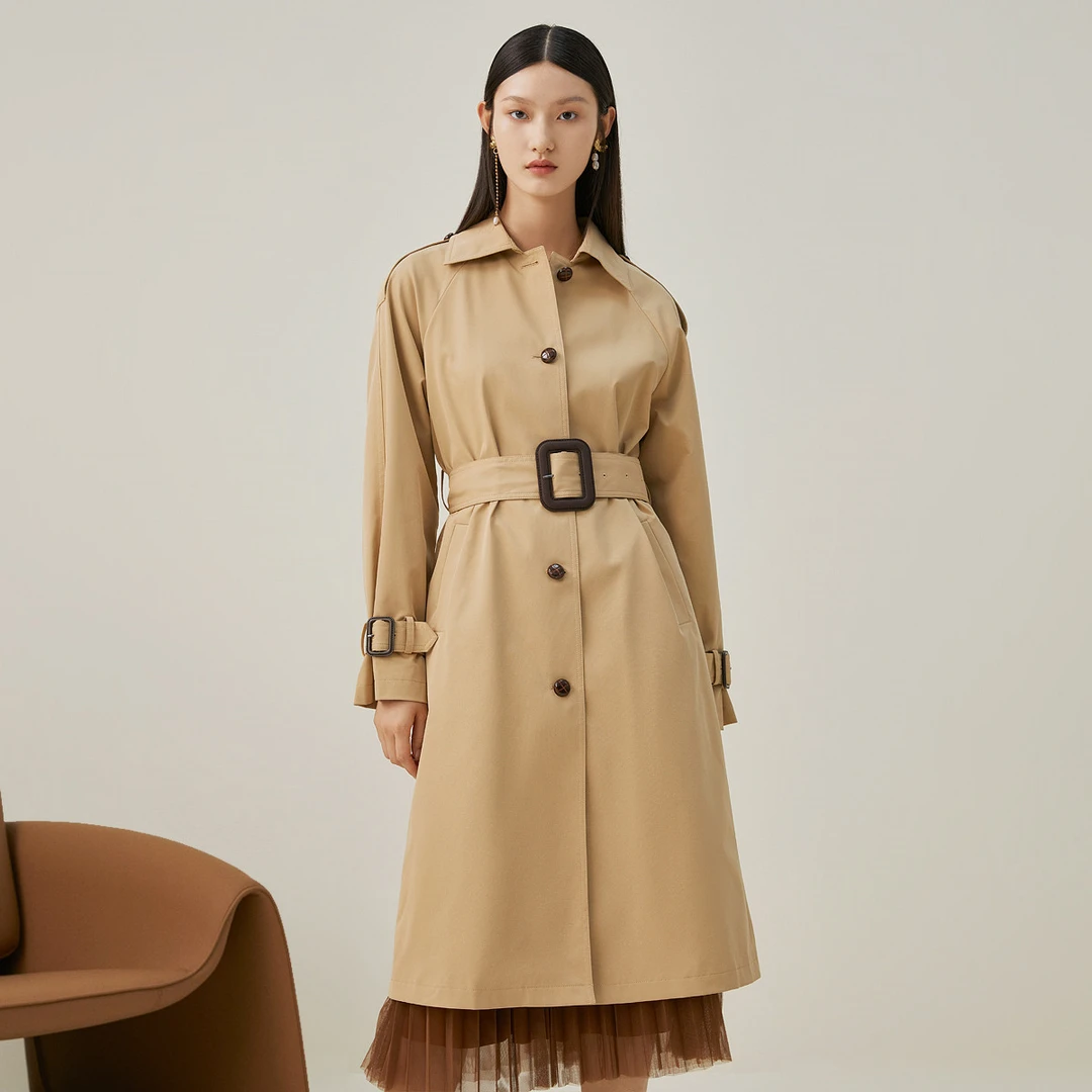 【丽公主】气质简约通勤风衣秋季翻领腰带设计长款外套431390-91749