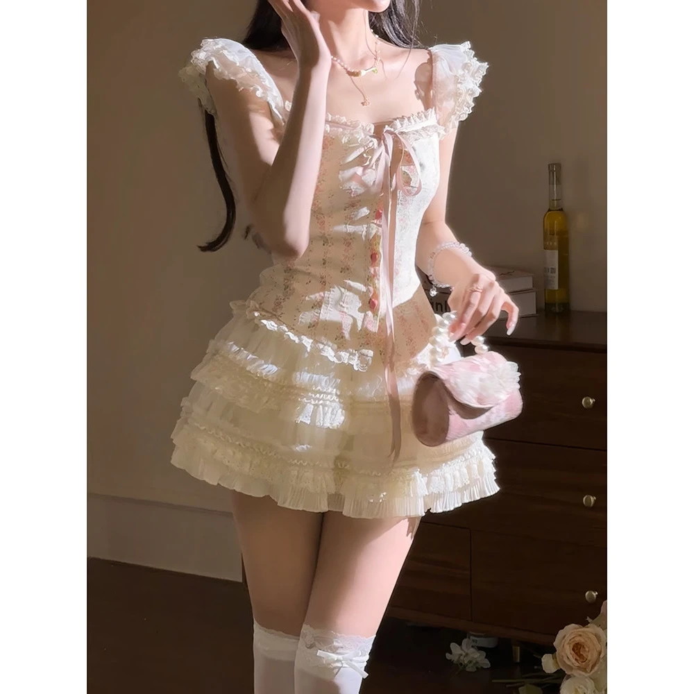 田园公主夏季纯欲风甜美显瘦气质上衣蓬蓬半身裙套装碎花两件