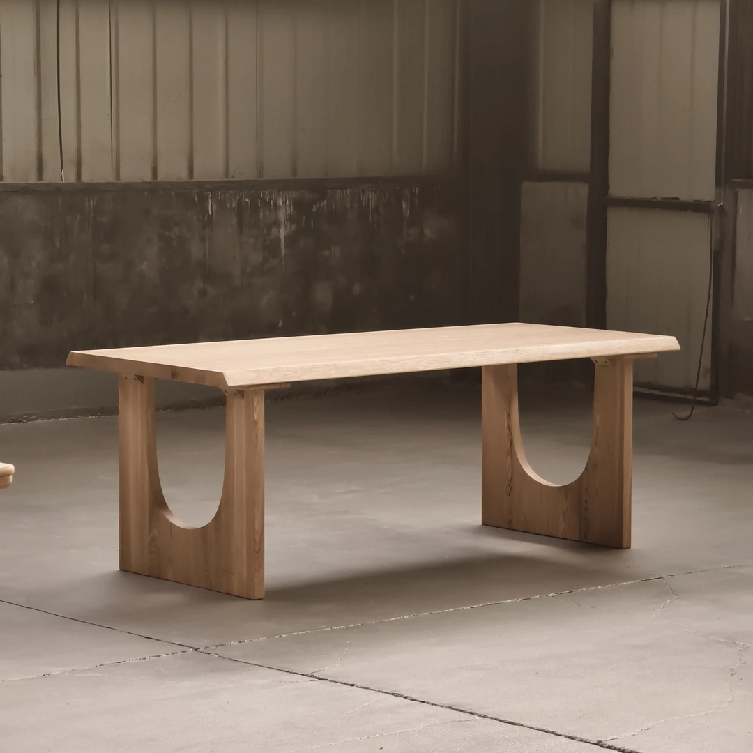 纯实木欧洲白蜡木大板直拼U型腿大板桌原木边自然树皮