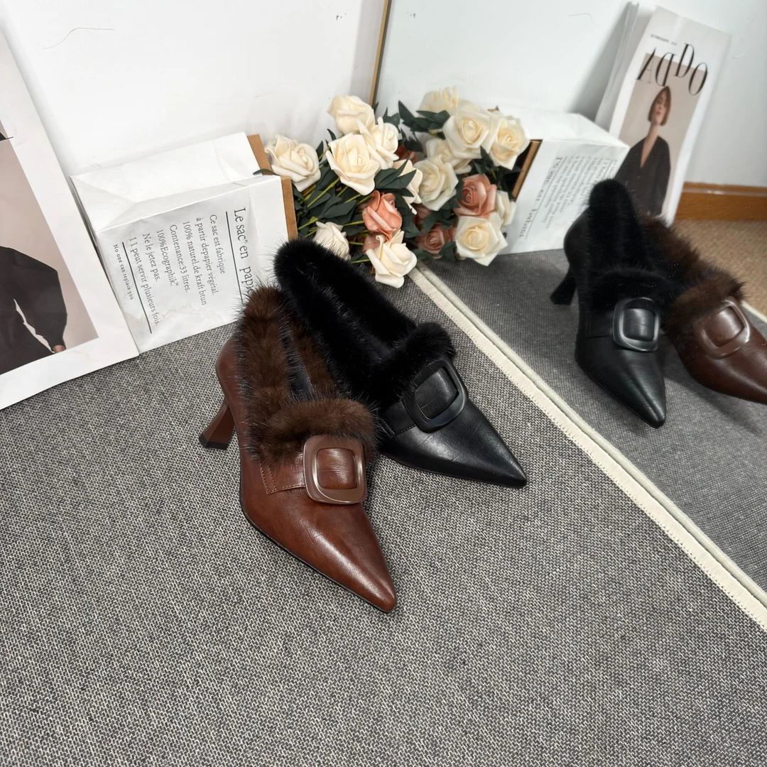 【百搭款】SLM/牛皮/6CM/33-40/秋冬真皮尖头高跟百搭貂毛女鞋
