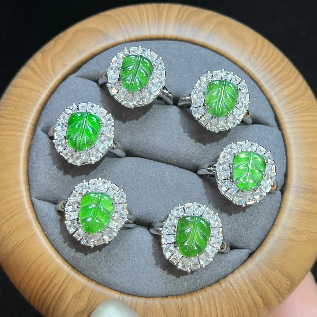 【金旭上成】天然翡翠A货满绿叶子戒指开口戒  轻奢多样性发一件