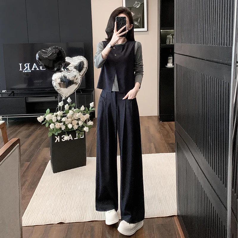 老钱风质感套装女2025秋季新款时尚休闲马甲打底衫搭阔腿裤三件套