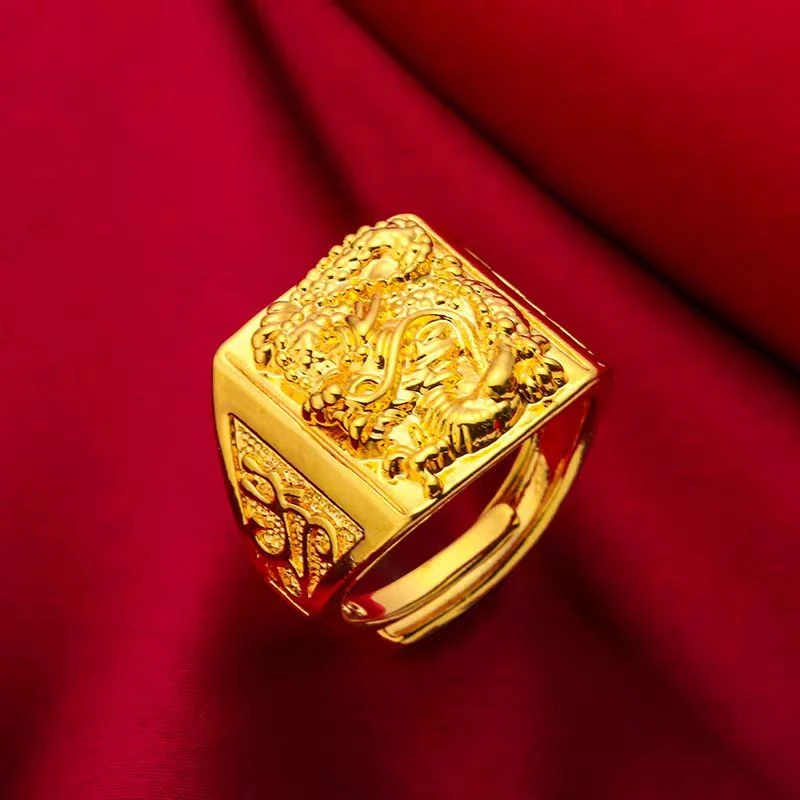 合金戒指 蟠龙戒指时尚霸气男款金色可调节古法大展宏图龙凤呈祥