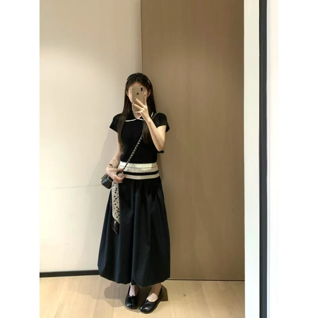 夏日撞色清凉感透气千金休闲风修身上衣短袖+半身裙裙子