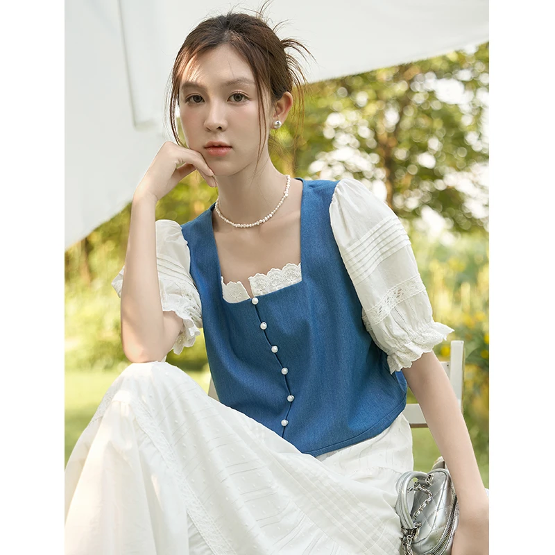 【小铃铛专属】谜秀牛仔棉复古气质上衣拼接衬衫MXC38X0054