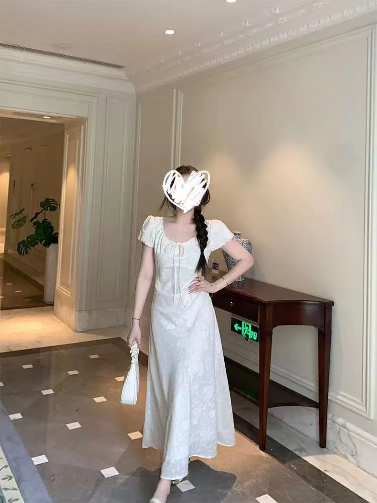 甜粿妹妹 柔光曲 法式优雅提花抽绳连衣裙女气质茶歇裙温柔绑带