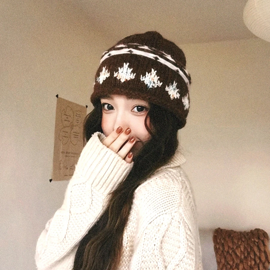 费尔岛提花针织包头帽女秋冬2025新款保暖时尚冷帽显脸小毛线帽