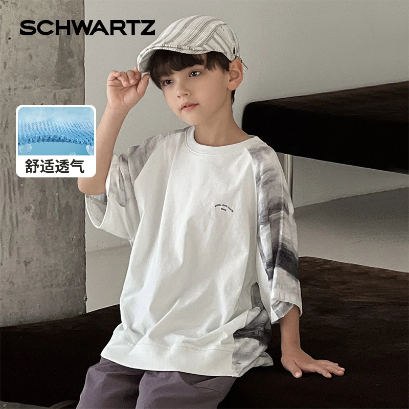 Schwartz男童宽松国潮圆领短袖t恤2025夏季新款时尚帅气-9282