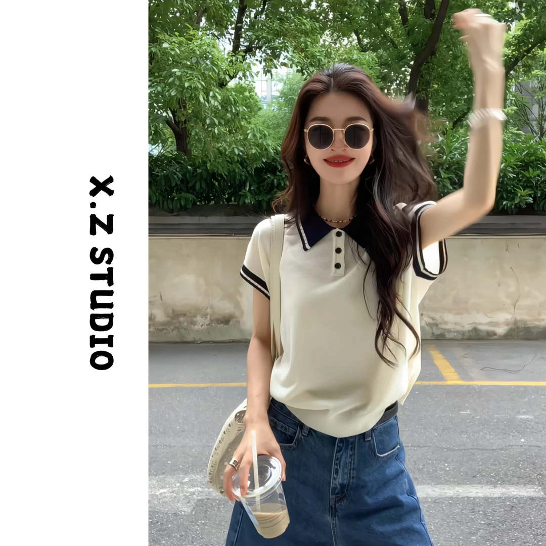 X.ZHEN【polo领小衫】新款休闲百搭时尚显瘦减龄款刺绣撞色上衣短袖