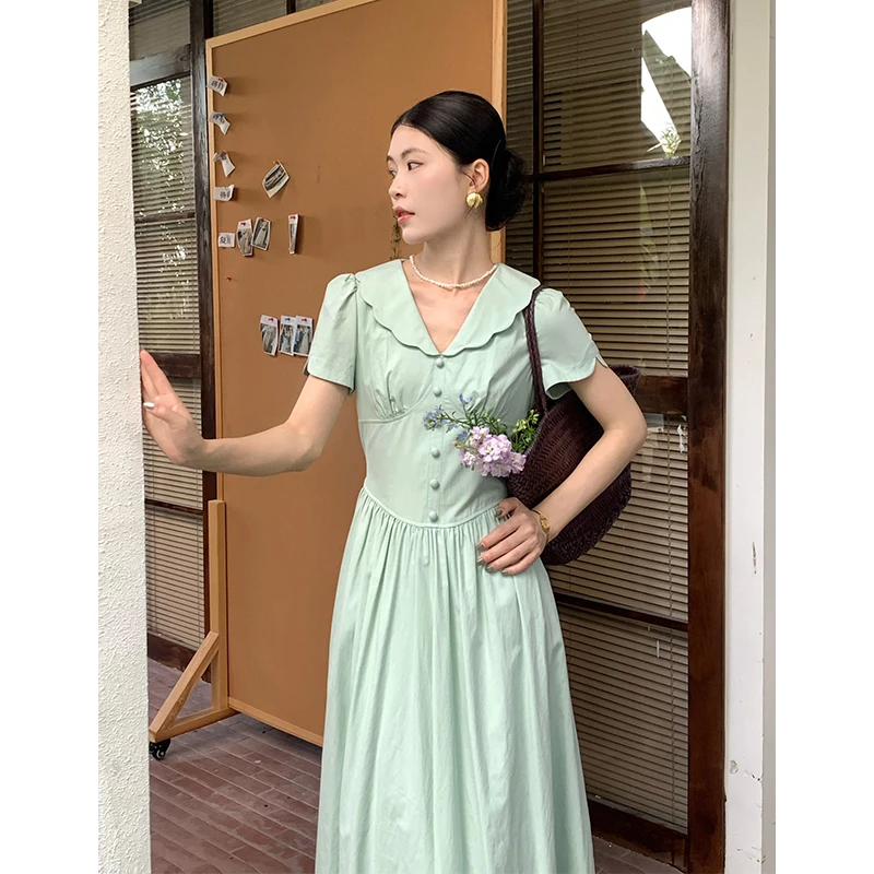 三个裁缝【薄荷绿】法式设计感短袖连衣裙女夏季新款长裙07123