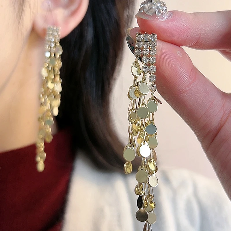 铜合金合成锆石耳饰 轻奢亮片流苏高级感耳环气质长款显脸瘦耳坠