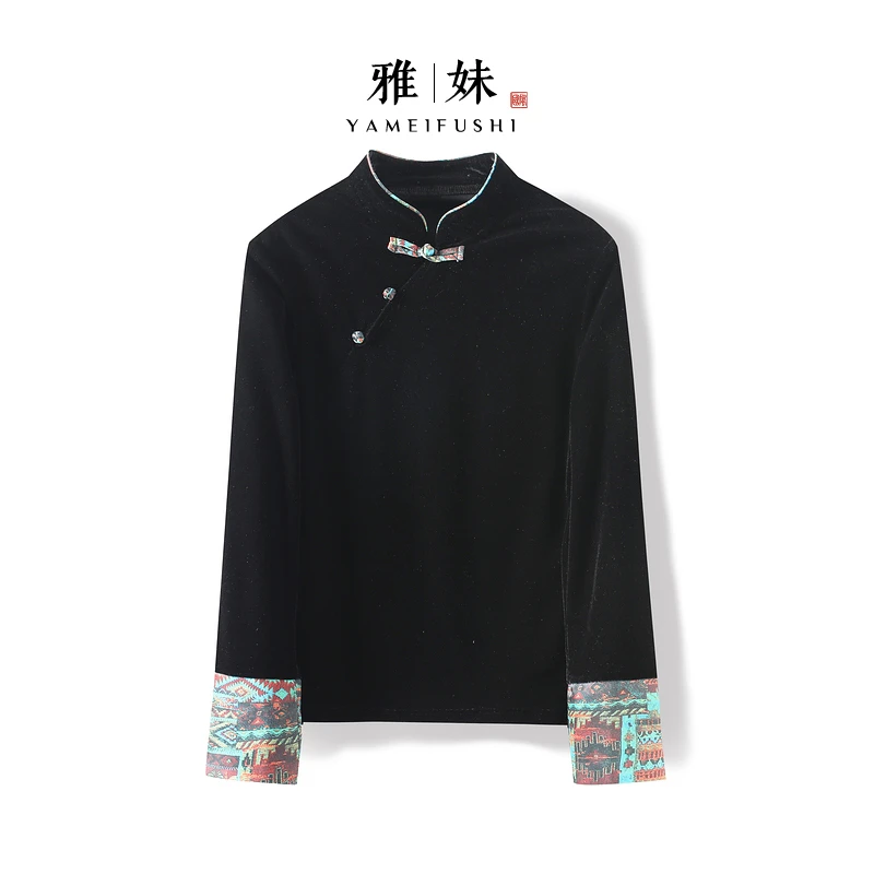 【晚翎】2025新款秋季薄款新中式上衣女立领拼色高级感丝绒长袖衬衫