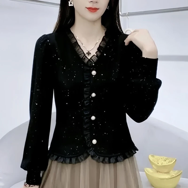秋季新款减龄妈妈装V领长袖打底衫女小个子遮肚显瘦百搭高端上衣