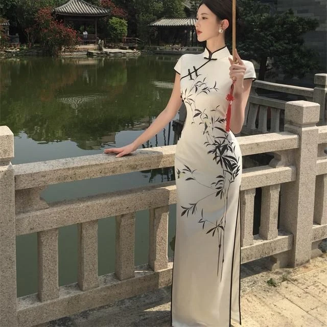 画报夫人【奥莱清仓】国风改良短袖高级感优雅旗袍新款印花修身显瘦