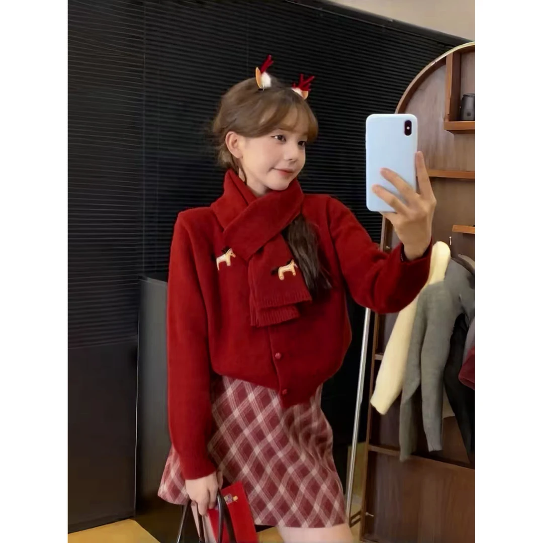 【配围巾】小马图案圆领开衫红色秋冬休闲长袖针织衫女02#0.1