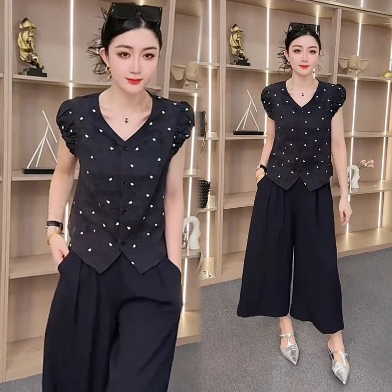 2025独特超好看法式掐腰绝美小衫藏蓝色泡泡袖衬衫减龄上衣女夏季