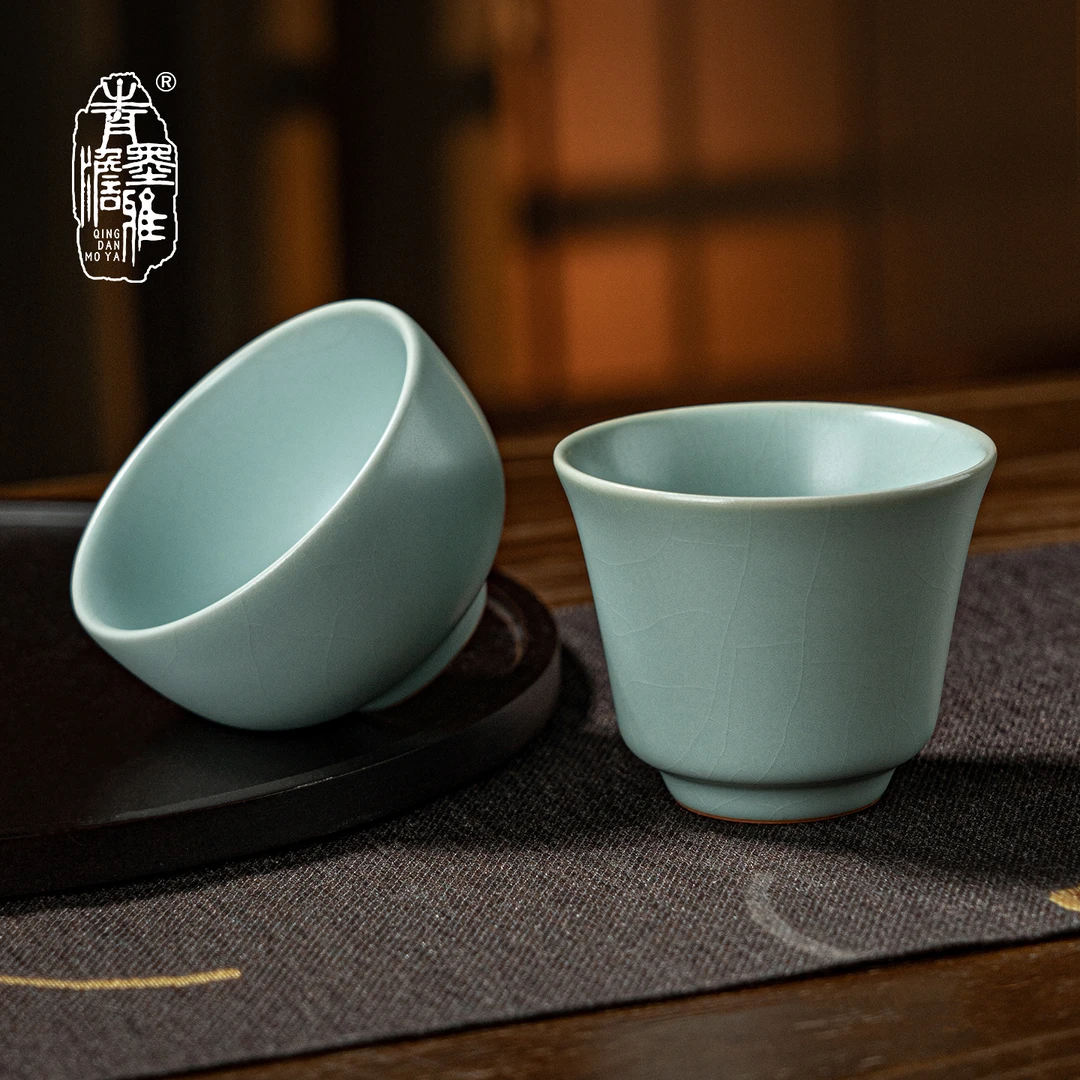青澹墨雅汝窑天青掬月清心对杯景德镇陶瓷茶杯对杯开片可养天青色