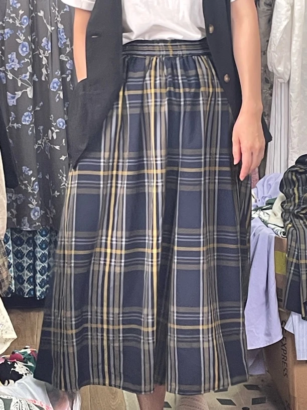 日系客供料松紧高腰显瘦多色格子半身长裙裤女气质新款
