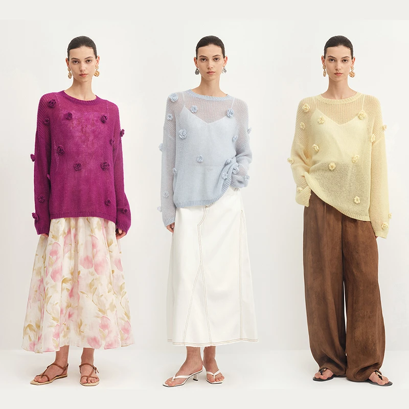 Fabrique Sally 【王艳同款】3色手工山茶花马海毛微透亲肤宽松毛衣