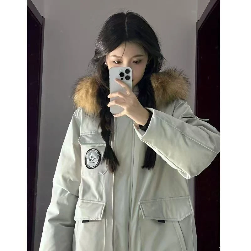 工装羽绒棉服女高级感服2025新款可拆毛领棉衣中长款冬装外套