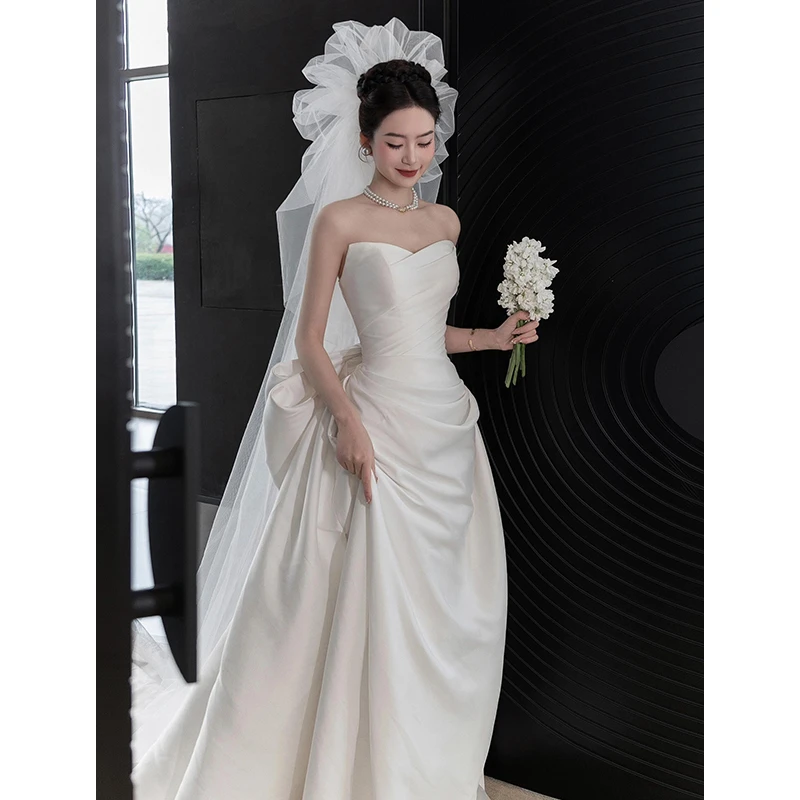 缎面抹胸小个子法式轻婚纱小礼服2025新款新娘高级质感白色出门纱