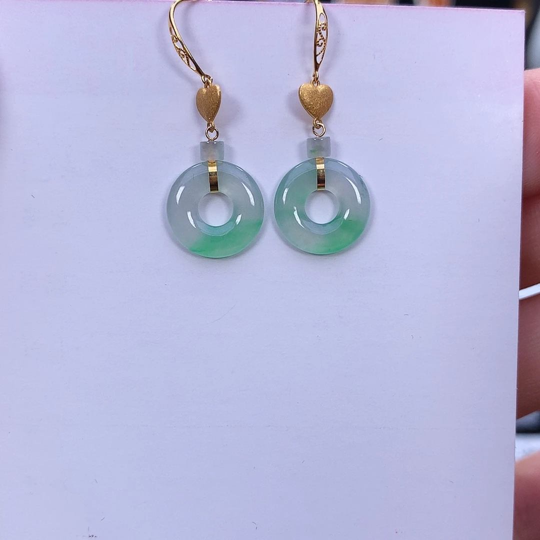 翡翠18K金镶嵌挂件天然缅甸翡翠Ａ货甜甜圈耳饰