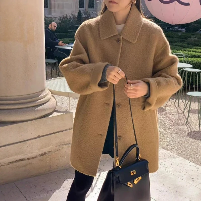 现货韩国正品OUNCE 冬季新款纯色温柔翻领苏丽羊驼单排扣大衣外套