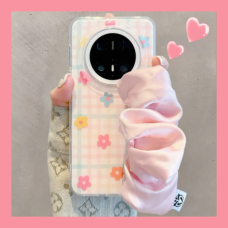 适用华为mate70pro+手机壳格纹彩色花朵mate60pro+少女心丝巾腕带