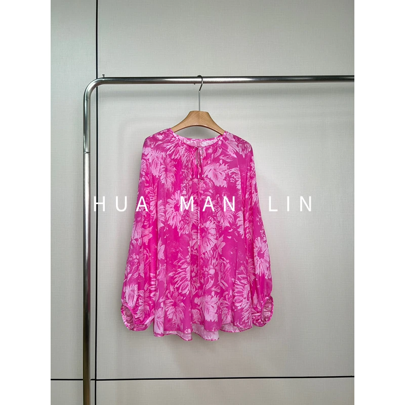 【花满林】‘粉红记忆’圆领系带双绉真丝桑蚕丝长袖上衣255974