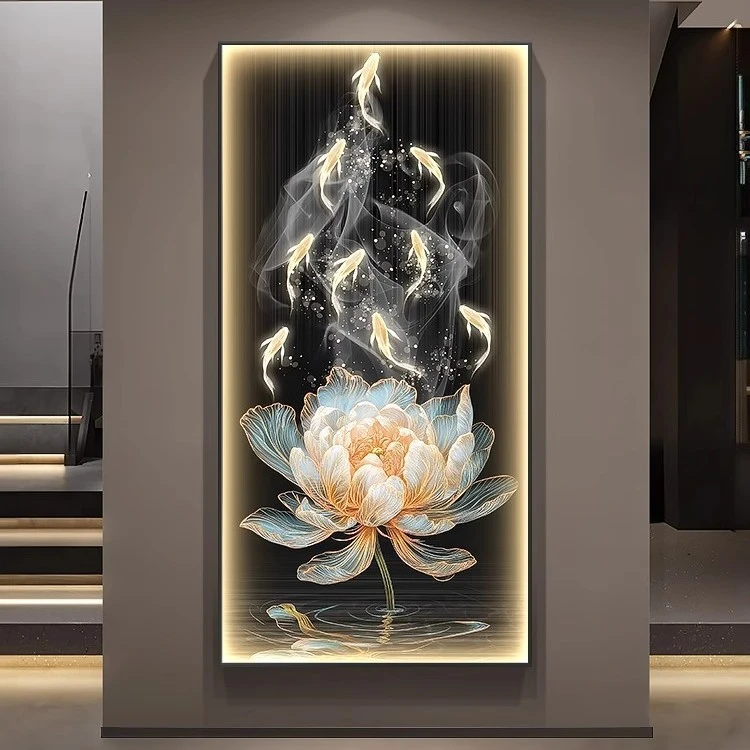 和气生财玄关装饰画轻奢九鱼图入户带灯壁画高档荷花走廊过道挂画