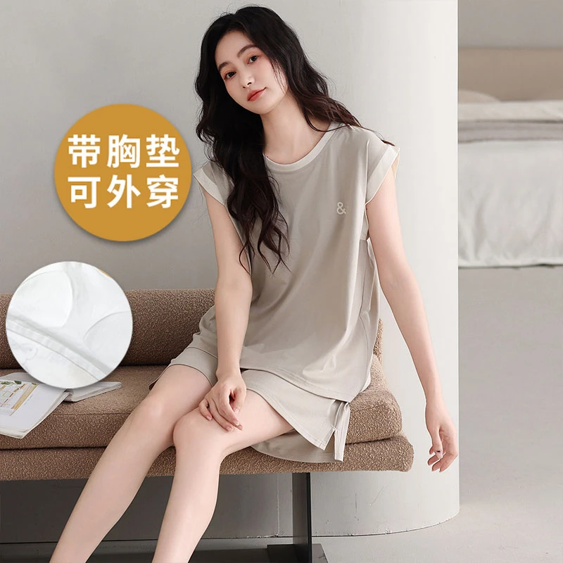 莫代尔夏季可外穿睡衣女带胸垫背心短裤两件套凉感简约休闲家居服