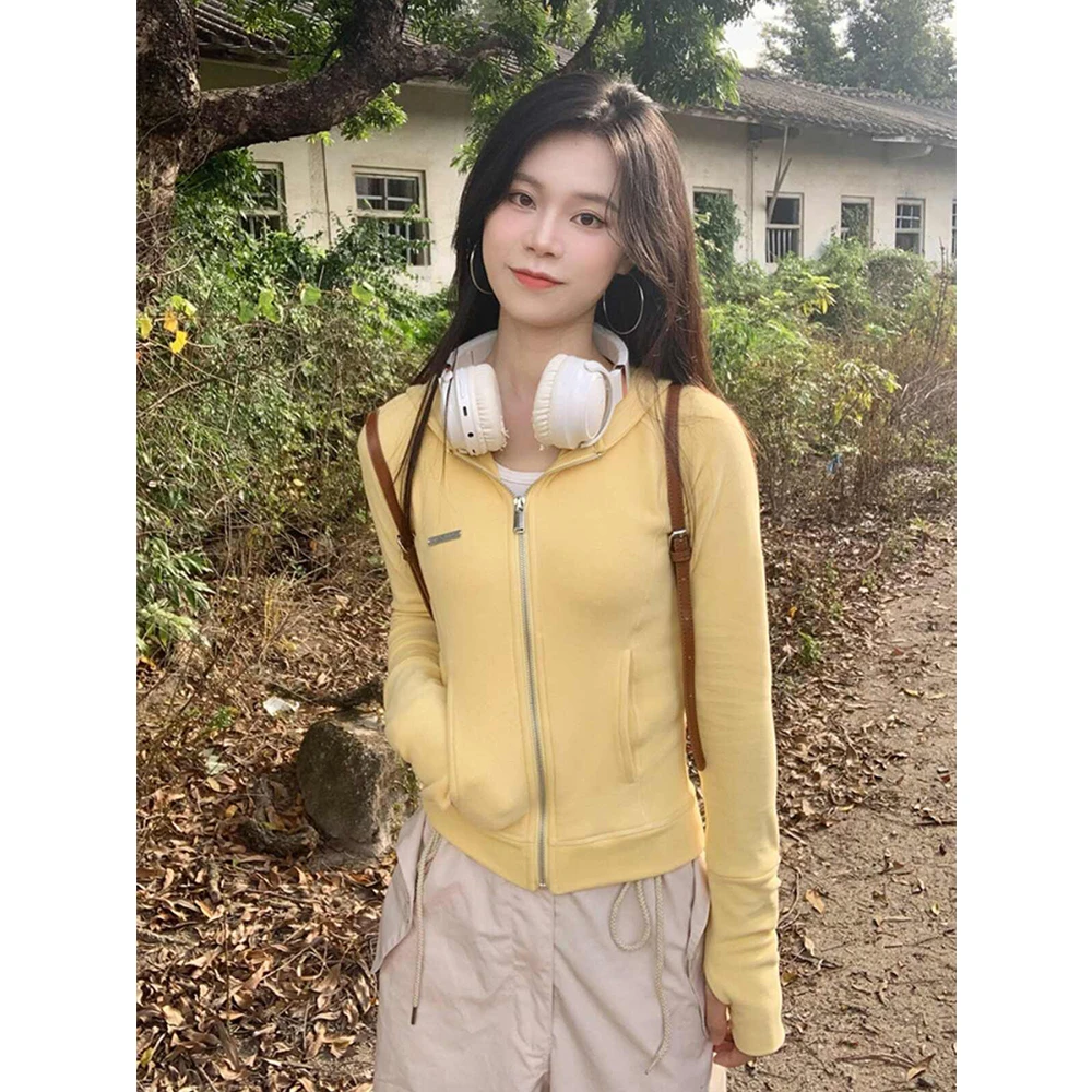 美式复古辣妹短款卫衣女修身春秋季薄款外套小众黄色连帽开衫上衣
