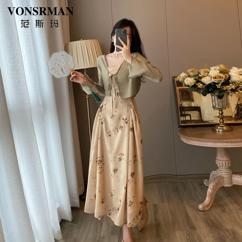 新中式改良旗袍连衣裙女夏季复古国风碎花吊带裙薄款披肩两件套装