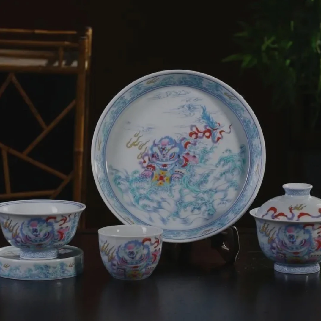 景德镇制斗彩双狮绣球茶具5件套家用茶杯中式陶瓷器茶具套装