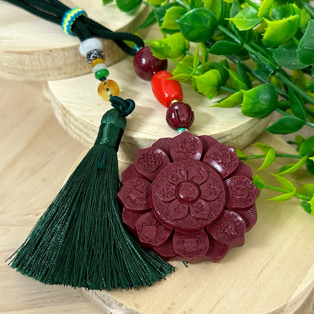 天然辰砂朱砂绿绳莲花车挂挂饰