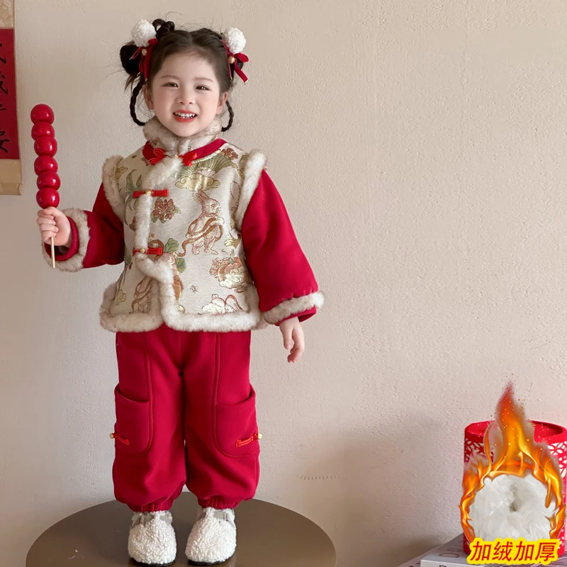 儿童加绒冬季汉服套装拜年服女宝宝加厚唐装新年装中式保暖国风潮