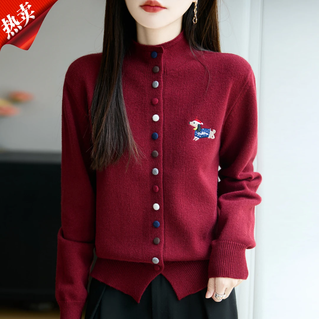 【原版正品】羊毛衫女秋季卡通刺绣半高领彩扣宽松外套针织毛衣开衫