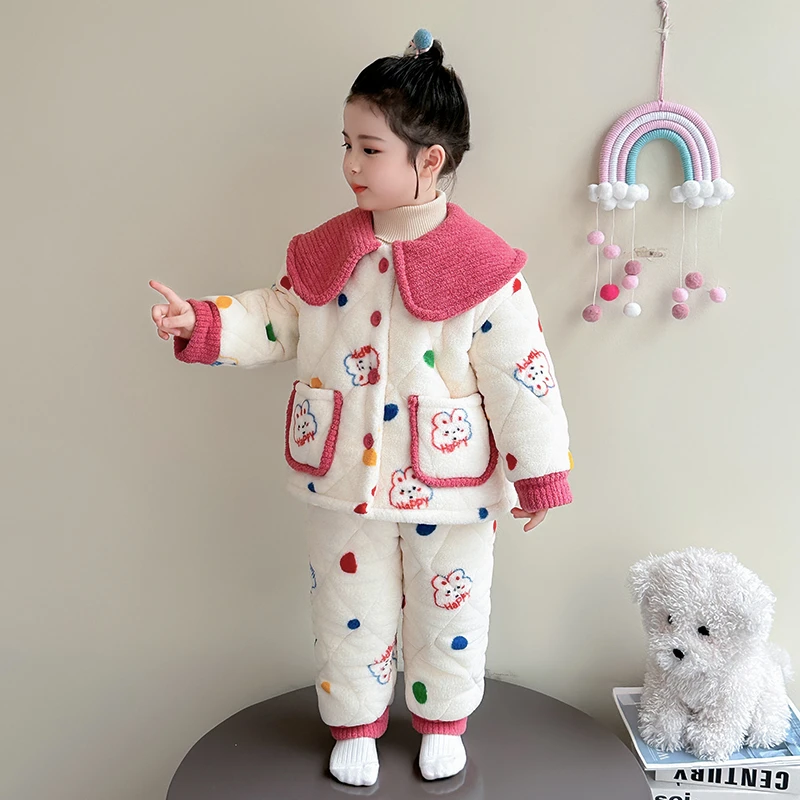 儿童睡衣女童冬季珊瑚绒三层加绒加厚小女孩宝宝法兰绒保暖家居服