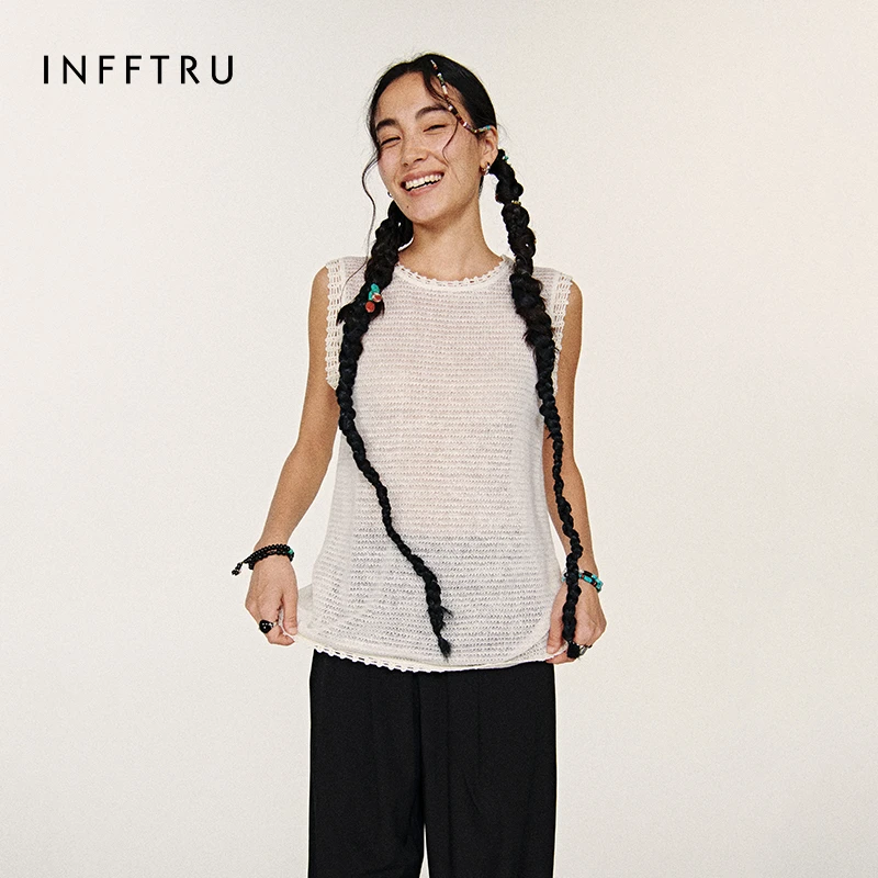 INFFTRU/2025秋季新款亚麻手工钩花针织镂空背心无袖上衣女装