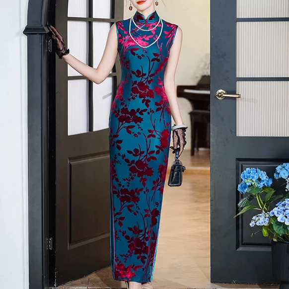 2025新款弹力修身名媛新中式国风复古改良旗袍加长款气质优雅秋冬