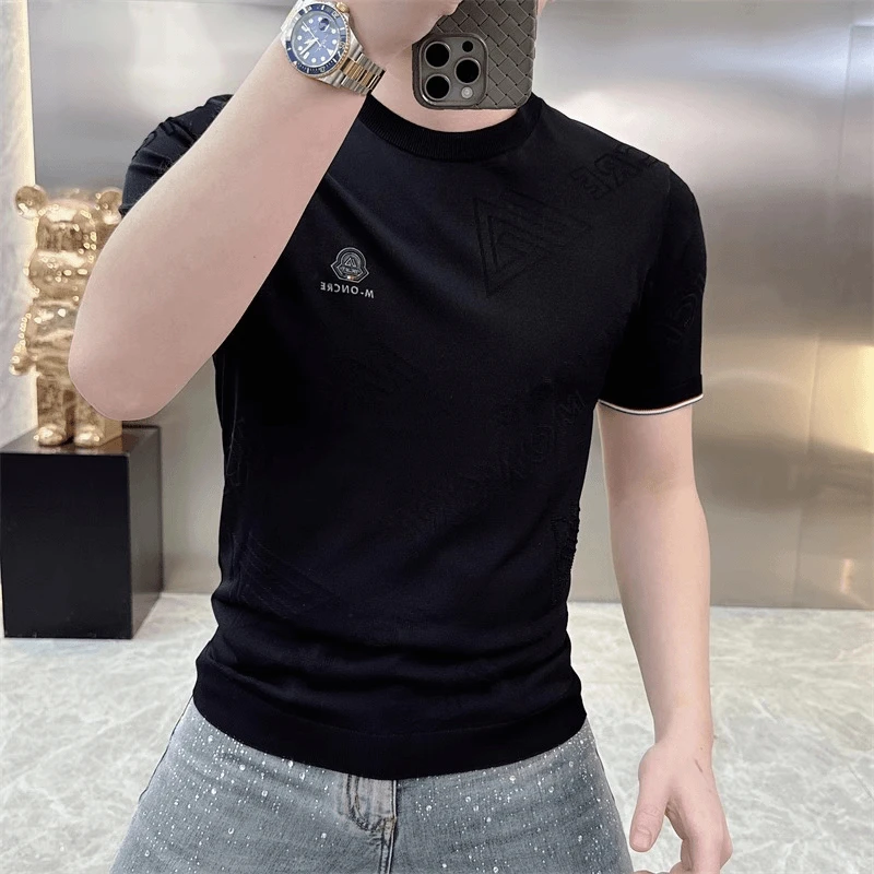 2025欧货轻奢男士针织冰丝短袖T恤纯色简约百搭时尚夏季半袖上衣