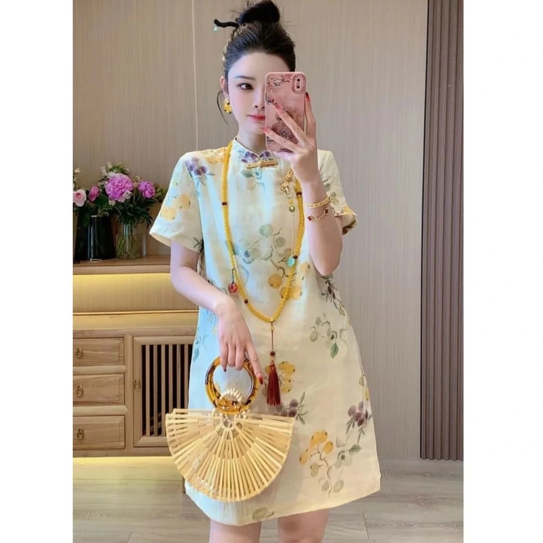 新中式盘扣短袖旗袍裙女2025夏季新款短裙国风设计感遮肉连衣裙
